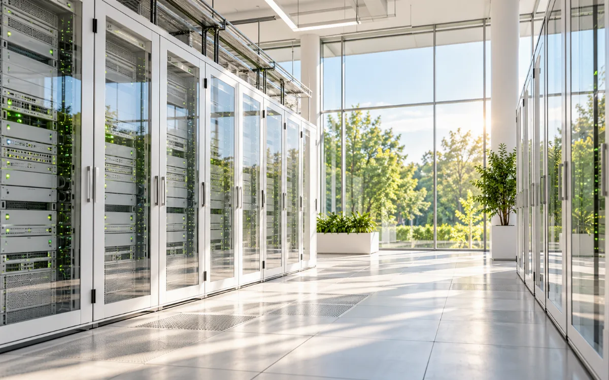 Illustrative sunlit datacentre with white cabinets and natural daylight