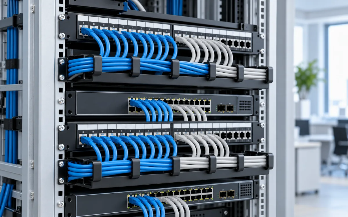 Illustrative neatly organised patch panels with blue and grey Ethernet leads