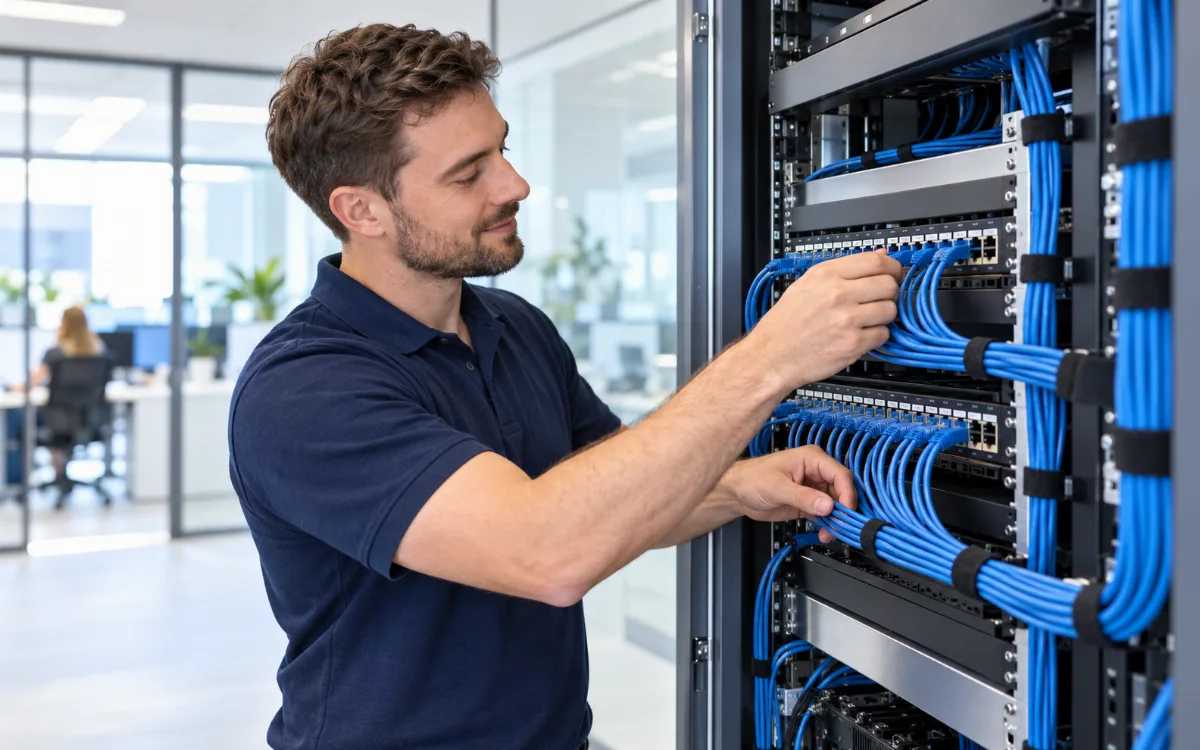Illustrative data cabling engineer arranging blue patch leads in a bright office network cabinet
