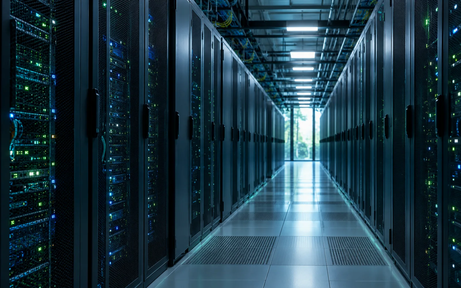Illustrative view along an aisle of modern server racks