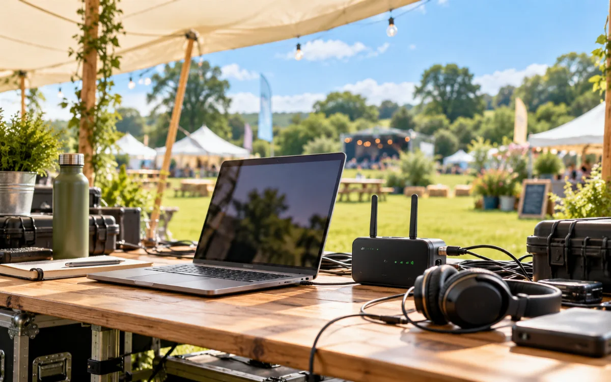 Illustrative outdoor event station with a portable internet router