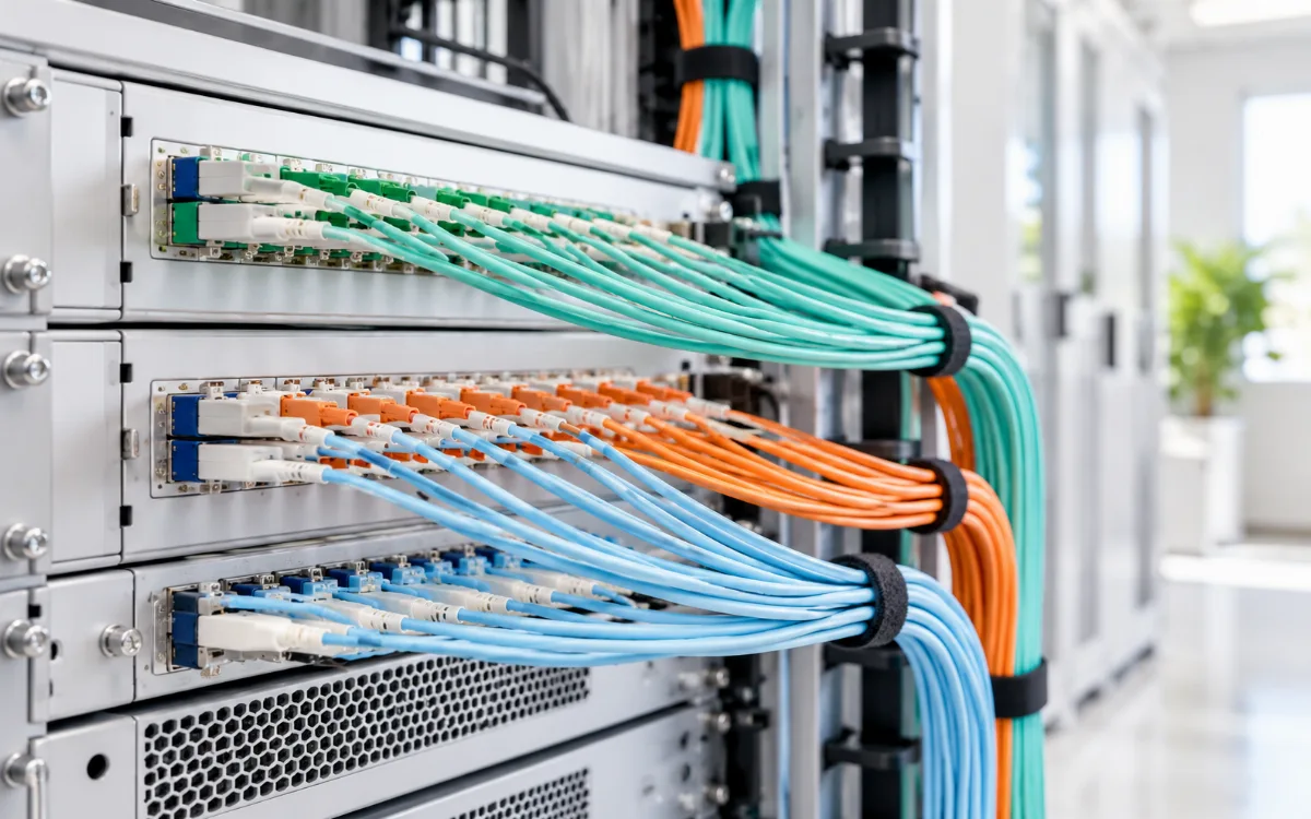Illustrative close-up of neatly arranged fibre optic connections