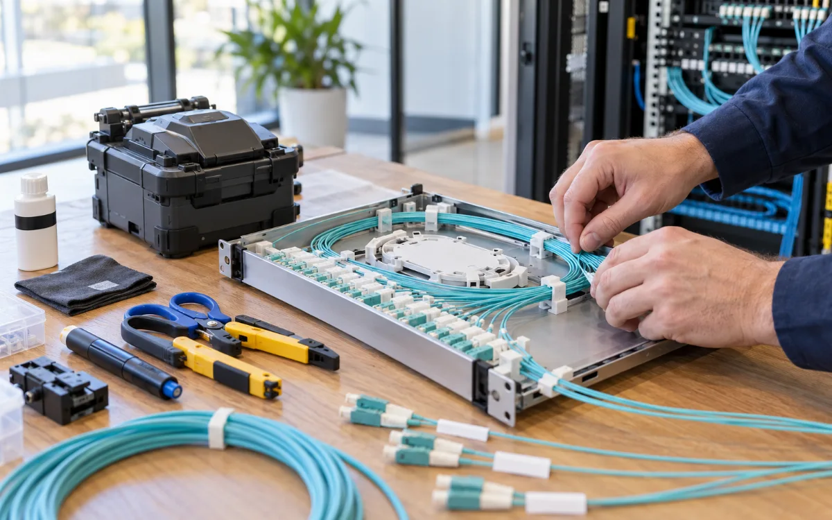 Illustrative fibre termination workbench with a fusion splicer and aqua fibre leads
