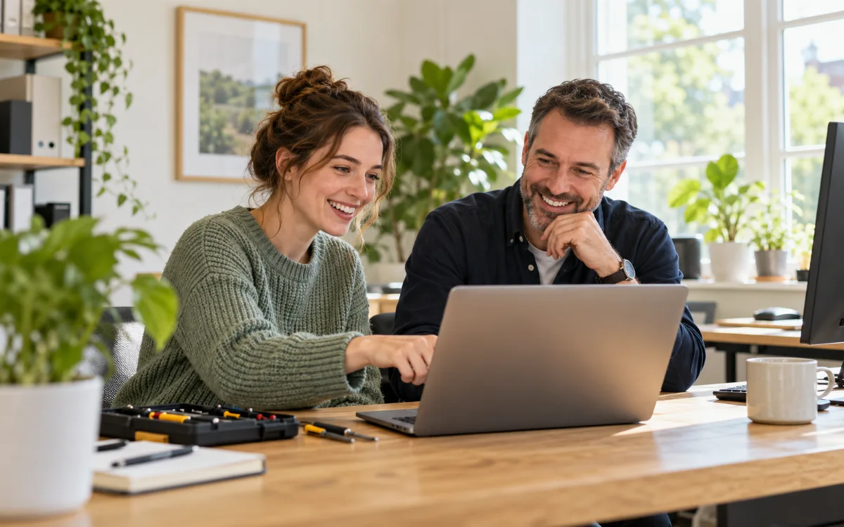 Illustrative scene of an IT technician helping a business owner with a laptop