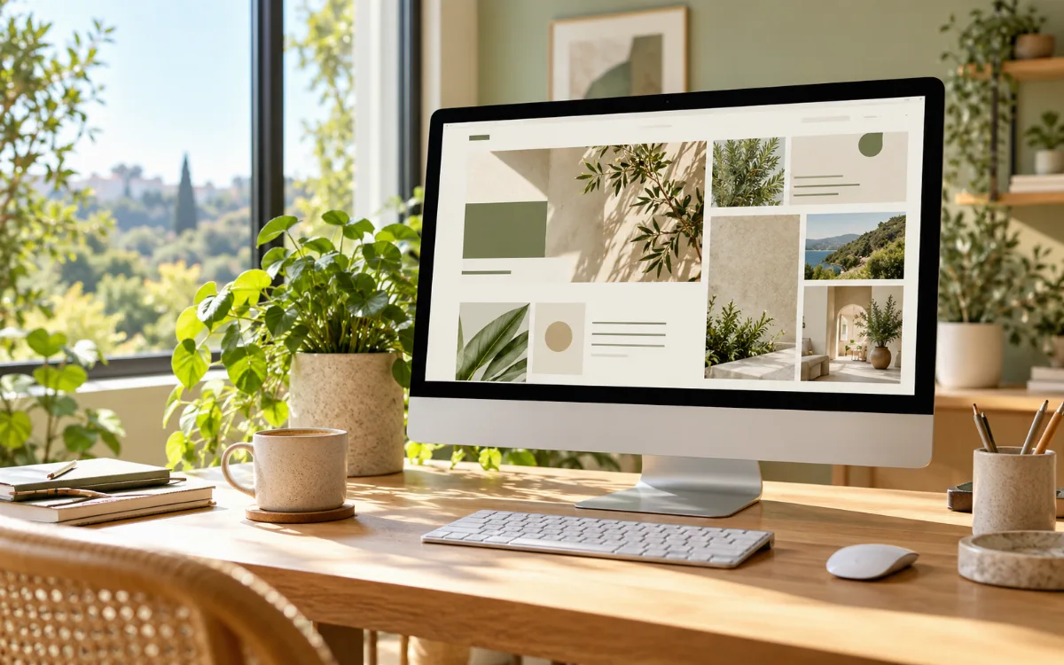 Illustrative bright website design workspace beside a window