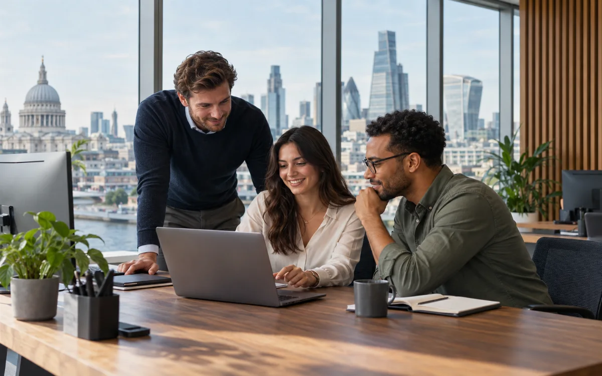 Illustrative scene of colleagues collaborating in a bright London office